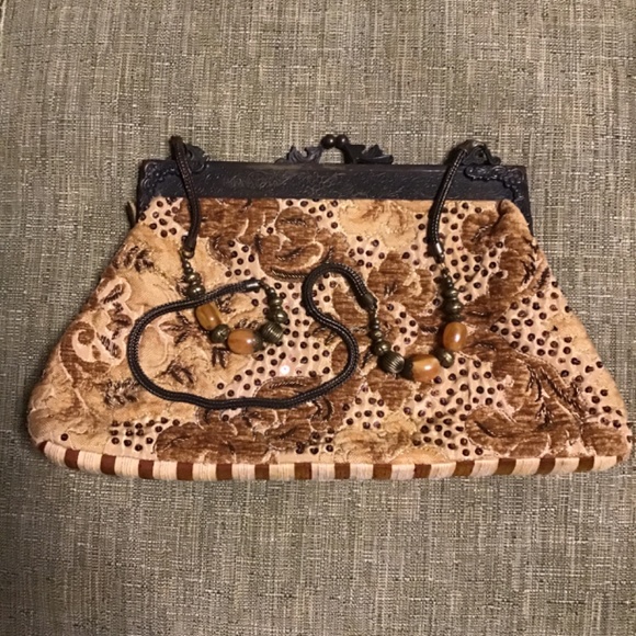 Hand made in India Purse velvet embroidered glass beads sequins Victorian brass - Picture 10 of 10